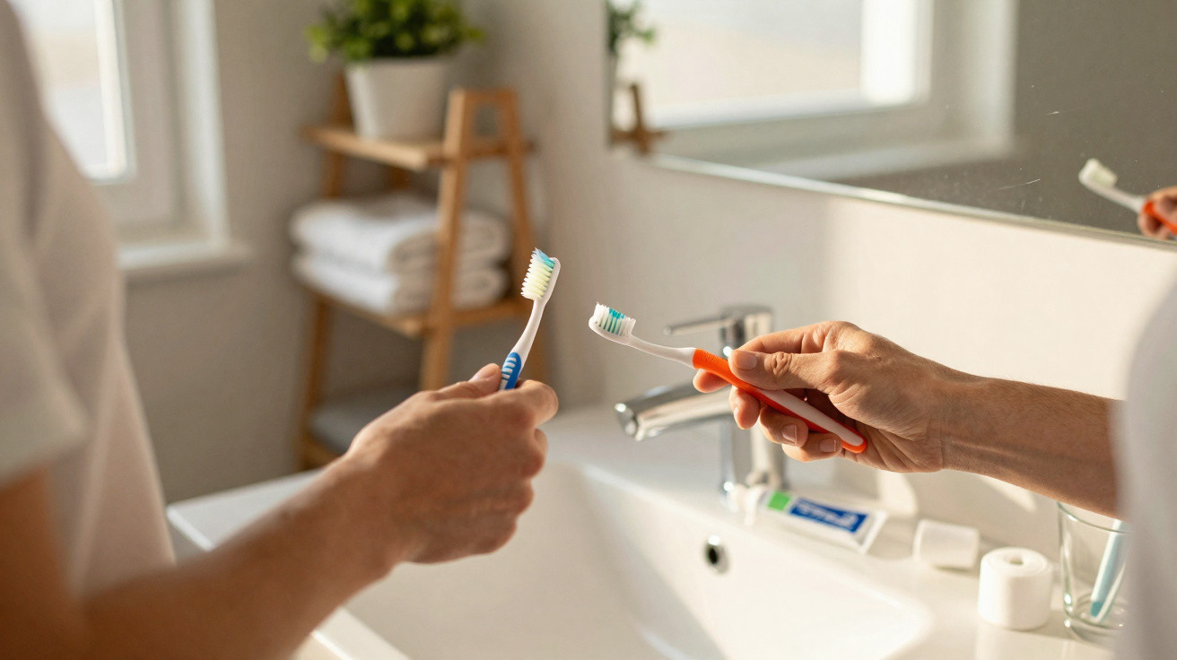 Duas pessoas segurando escovas de dente em frente a uma pia de banheiro com espelho.
