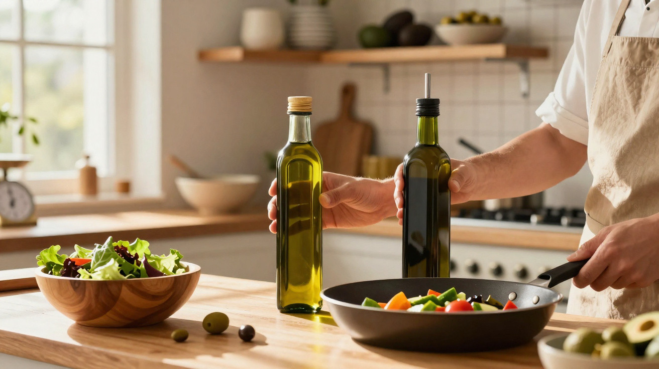 Pessoa segurando garrafas de azeite ao lado de frigideira com legumes e salada em tigela de madeira na cozinha.