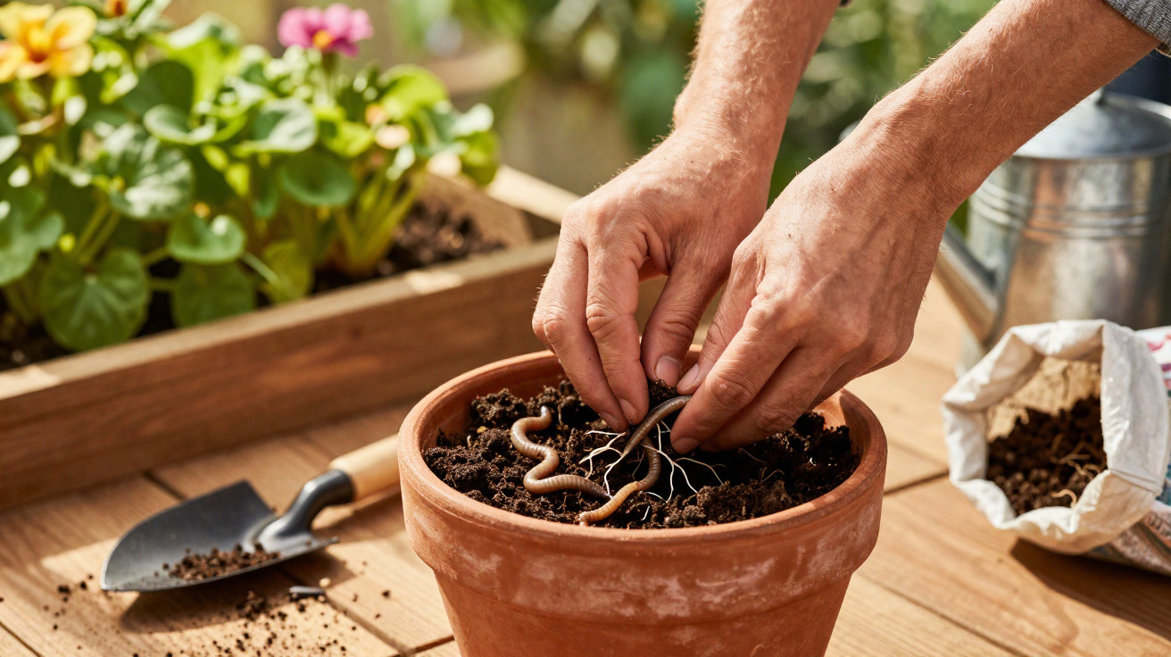 Mãos colocando minhocas em vaso de barro com terra, ao lado pá, saco de terra, regador e plantas floridas.