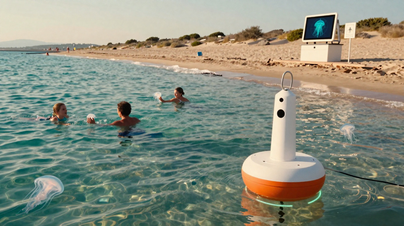 Três pessoas nadando com águas-vivas e um dispositivo tecnológico flutuante próximo à praia.