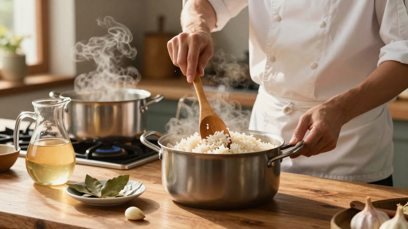 Pessoa mexendo arroz cozido em panela de inox com vapor, próxima de fogão e temperos na bancada de madeira.