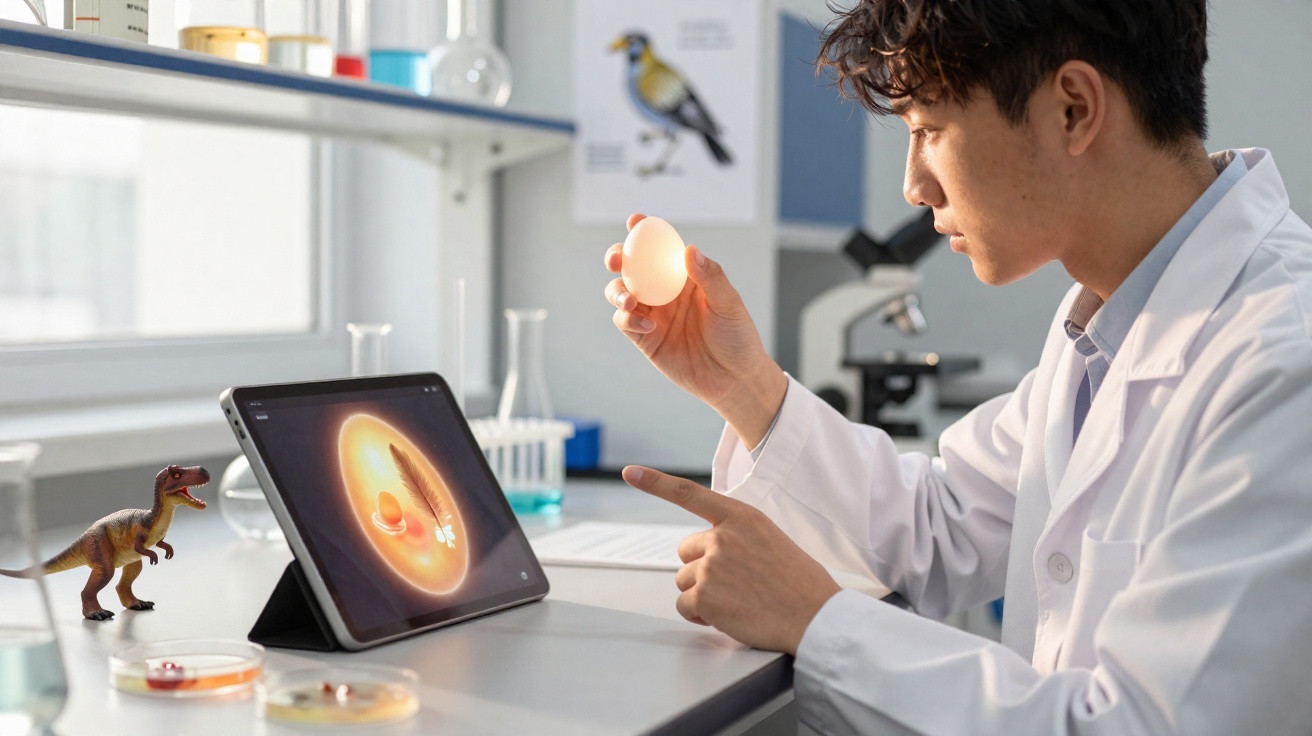 Cientista em laboratório analisando ovo enquanto tablet exibe imagem digital de embrião.
