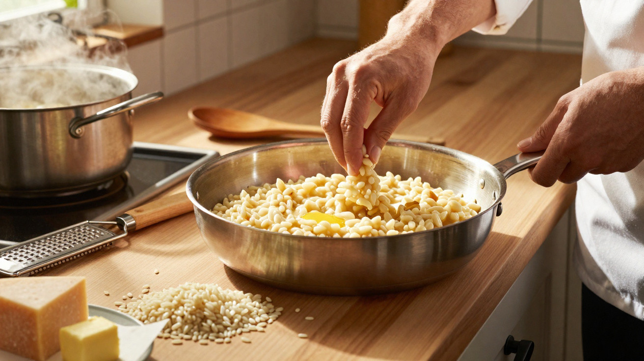 Pessoa preparando risoto em frigideira com ingredientes na bancada de madeira e panela ao fundo.