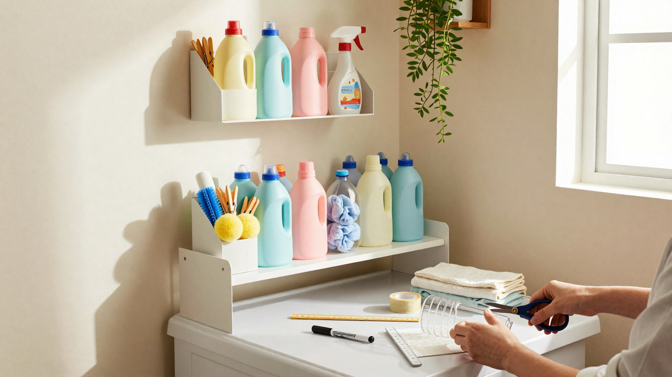 Estante com produtos de limpeza e acessórios organizados ao lado de uma pessoa manuseando um utensílio na bancada.