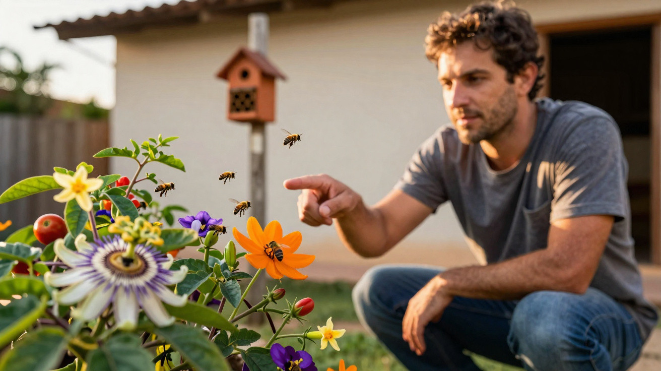 Homem agachado observando abelhas voando perto de flores no jardim ao ar livre.