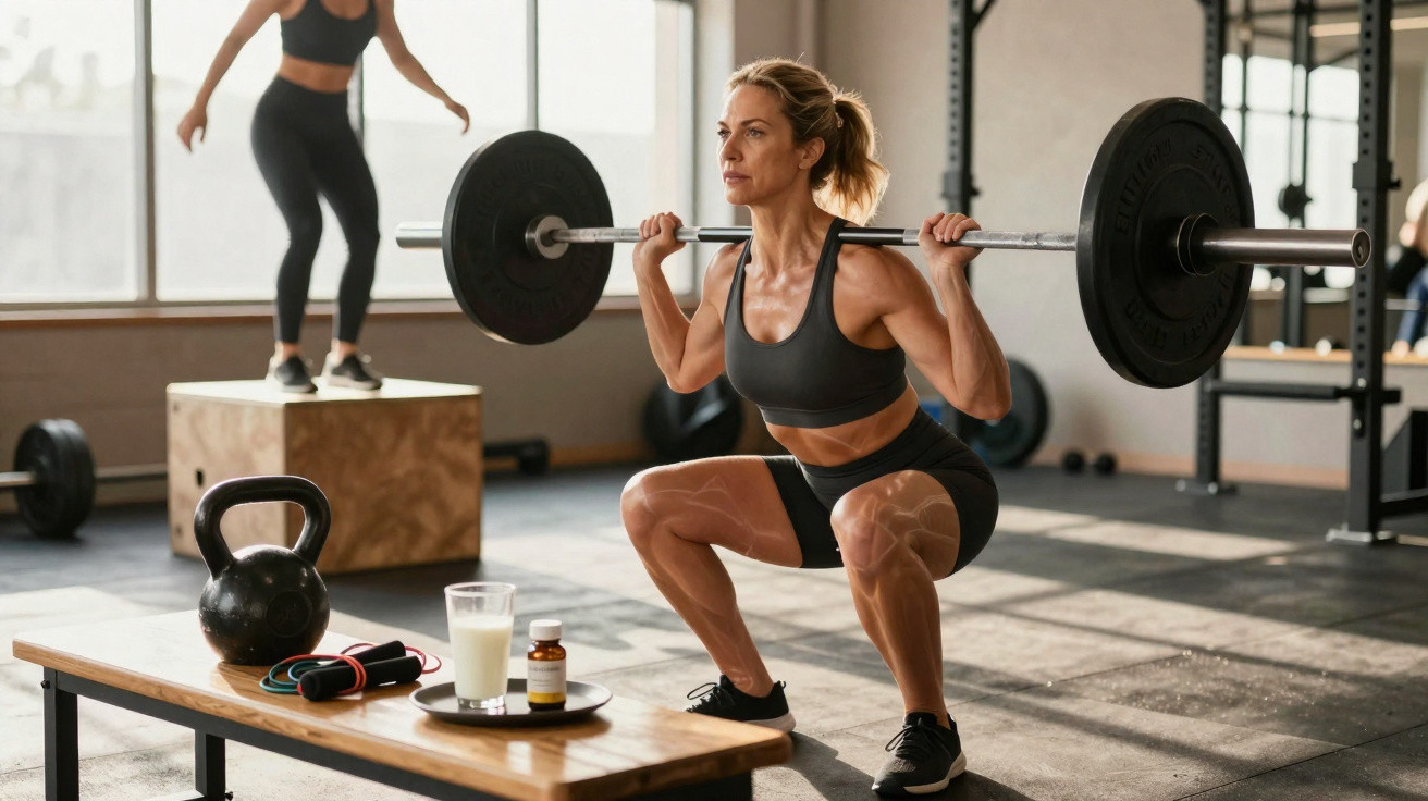 Mulher em roupa fitness faz agachamento com barra em academia iluminada, com kettlebell e suplementos ao lado.