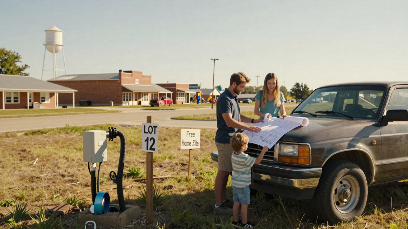 Família consultando plantas em terreno vazio com carro estacionado e placas de lote e terreno grátis.