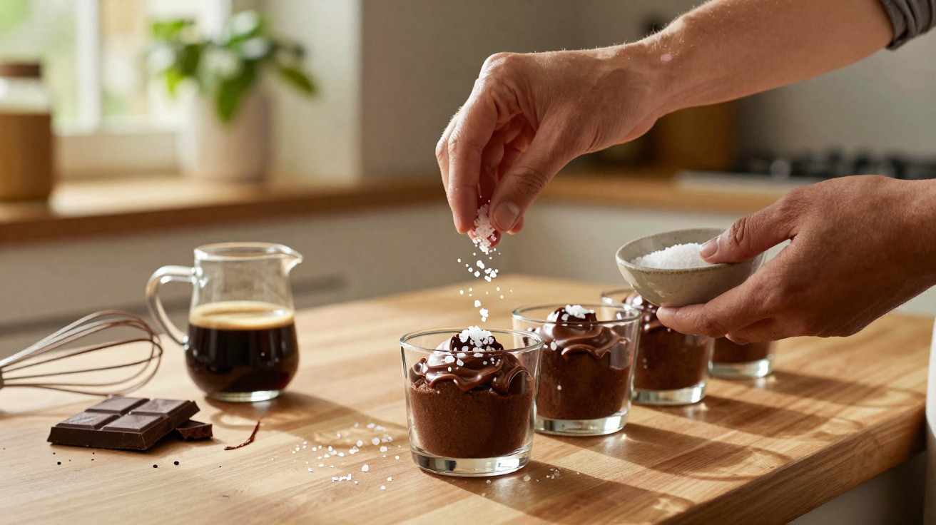Mãos polvilhando açúcar sobre mousses de chocolate em copos, com café e barra de chocolate ao fundo.