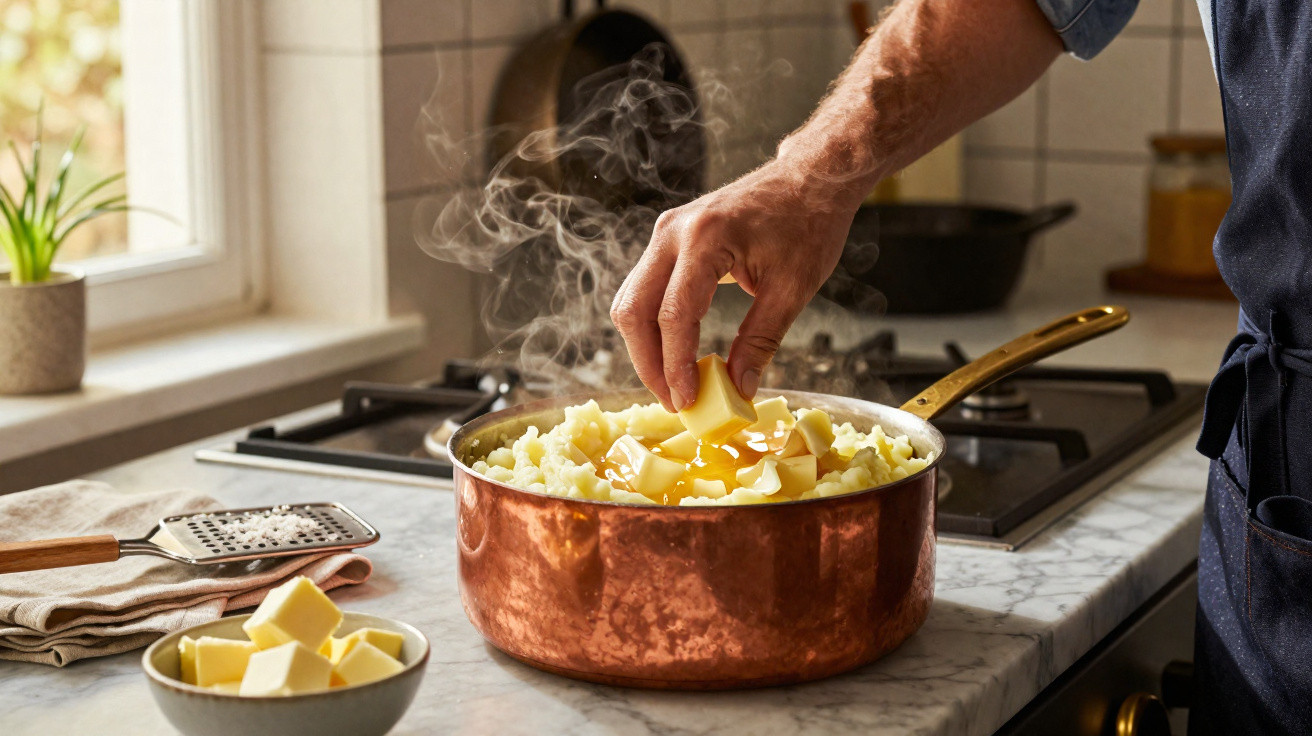 Mão colocando cubos de manteiga em panela com purê de batatas quente na cozinha.