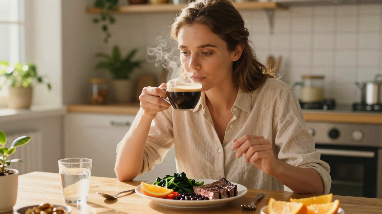 Mulher sentada à mesa na cozinha, segurando xícara de café fumegante e com prato de comida à frente.