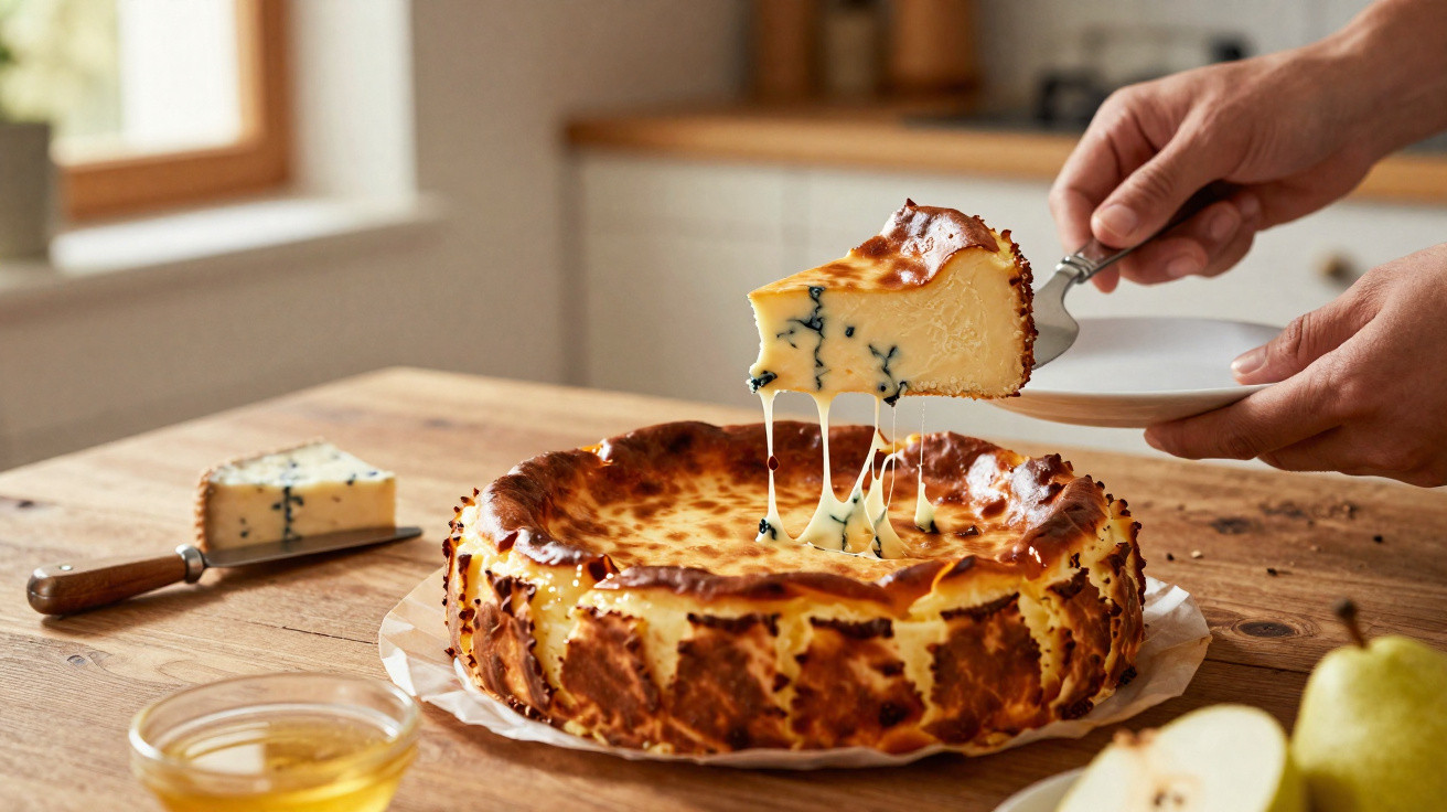 Fatia de cheesecake com queijo azul sendo servida, com queijo e mel ao fundo em mesa de madeira.