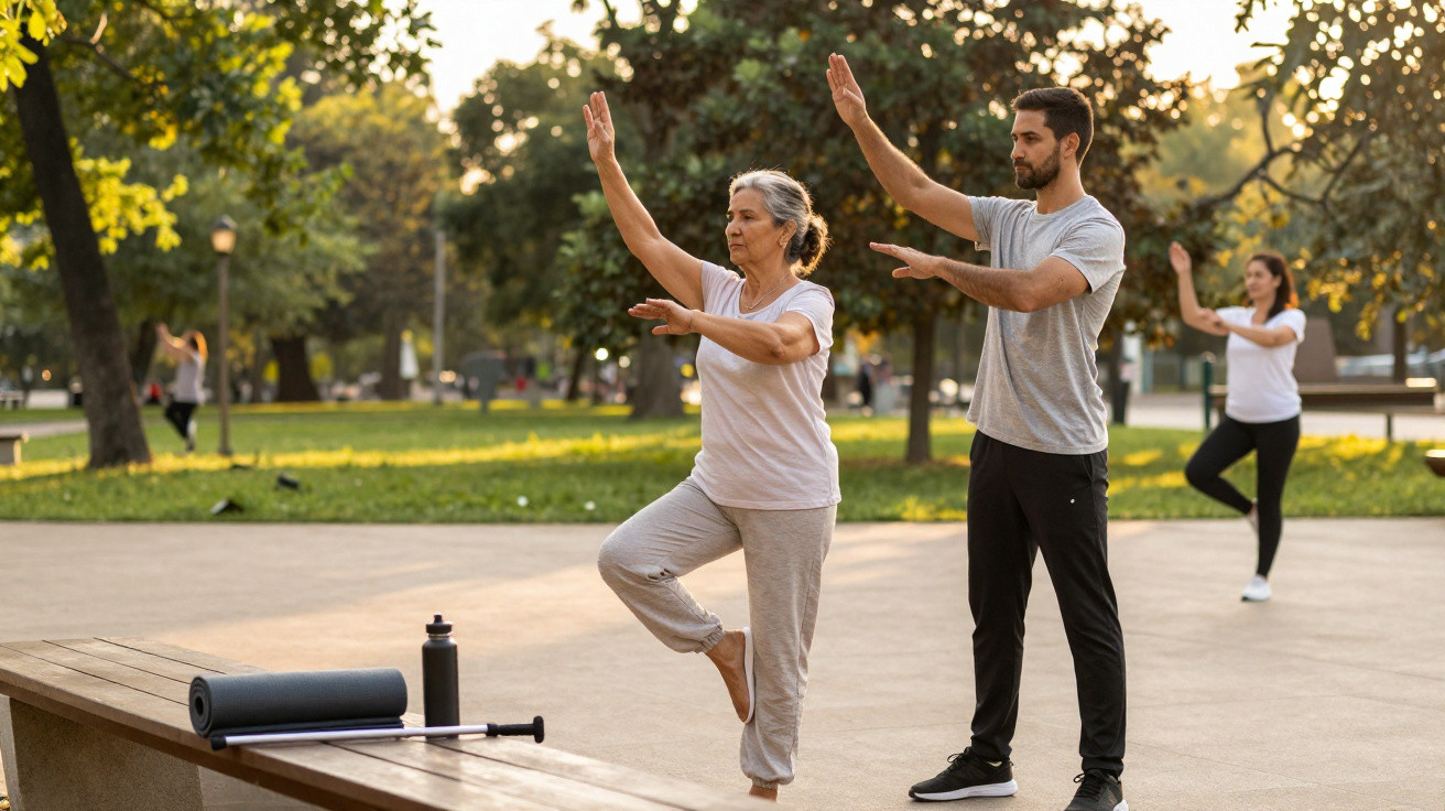 Pessoa idosa praticando tai chi em parque com instrutor ao lado e outra pessoa ao fundo fazendo o exercício.