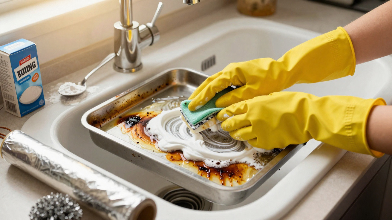 Mãos com luvas amarelas limpando assadeira com esponja e bicarbonato de sódio na pia da cozinha.
