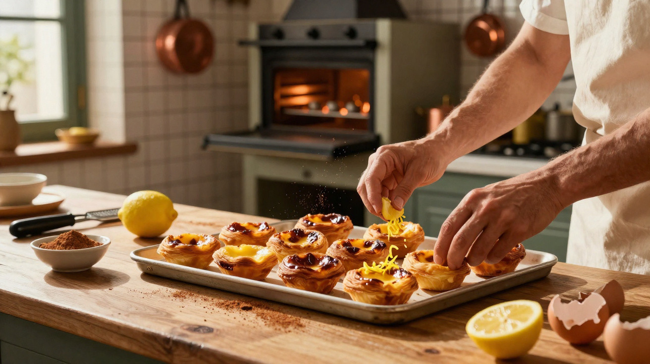 Pessoa decorando pastéis de nata com raspas de limão em uma cozinha iluminada.
