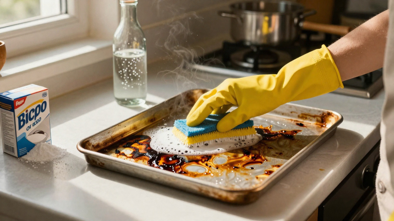 Pessoa com luva amarela limpando assadeira suja com esponja azul na cozinha iluminada.
