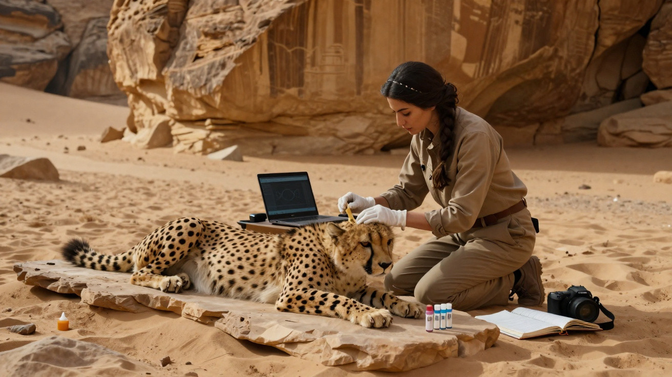 Pesquisadora examina um guepardo deitado no deserto com laptop, frascos de teste e câmera ao lado.