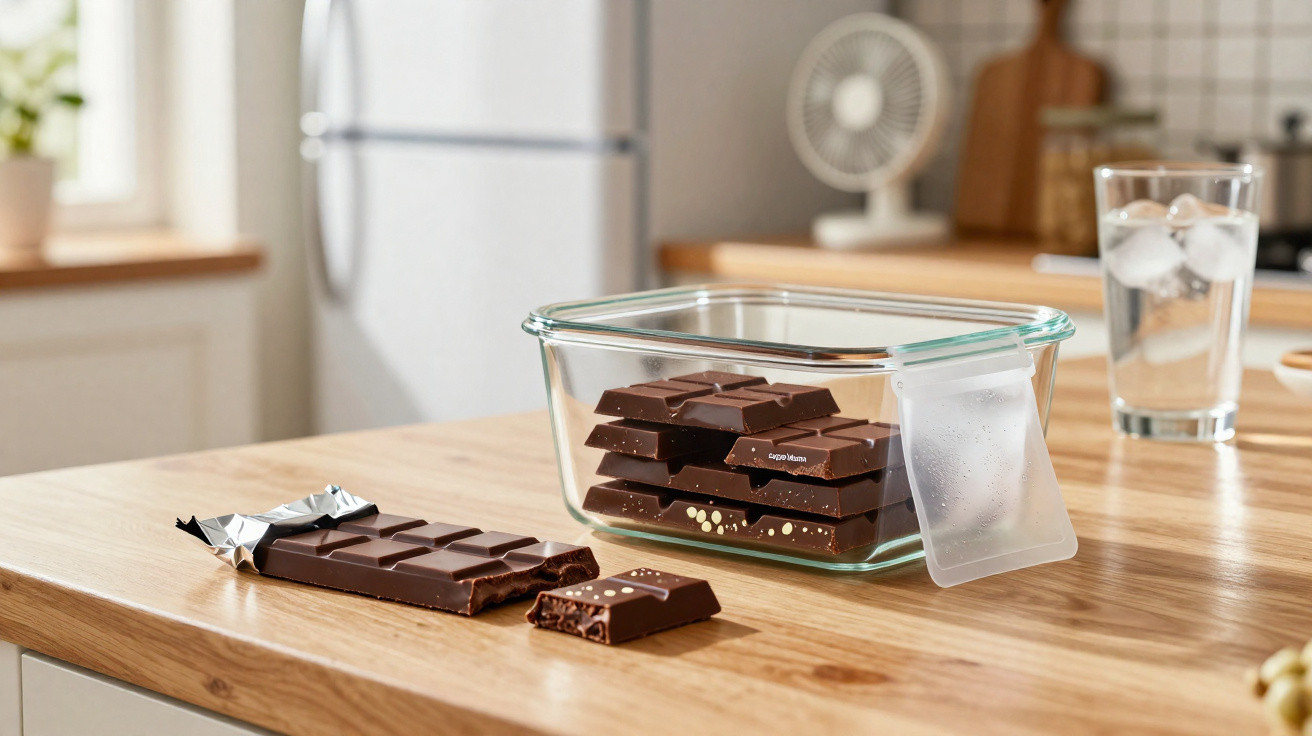 Barras de chocolate, uma dentro de pote de vidro e outra fora com um pedaço destacado sobre bancada de cozinha.