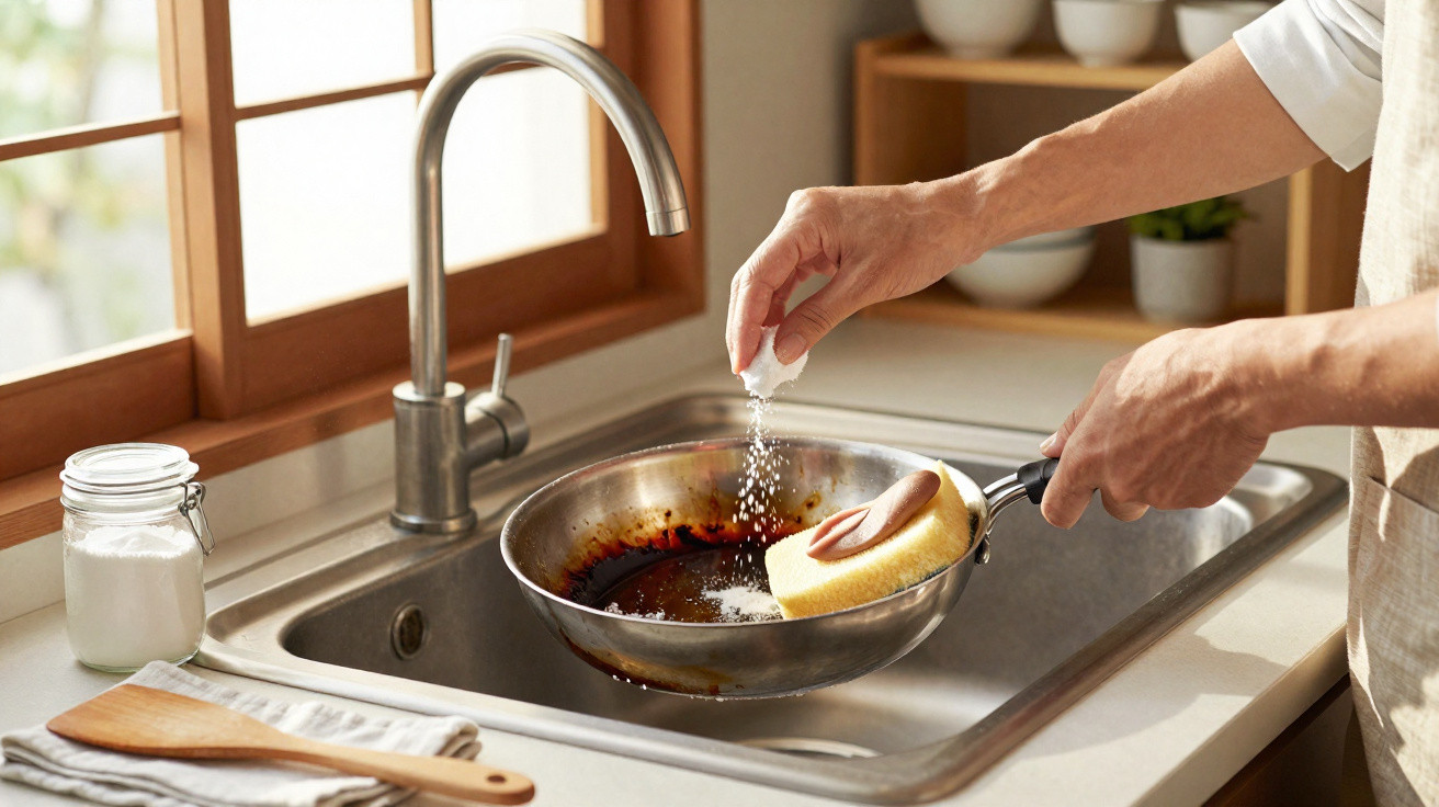 Pessoa limpando frigideira com esponja e sal na pia da cozinha com luz natural entrando pela janela.