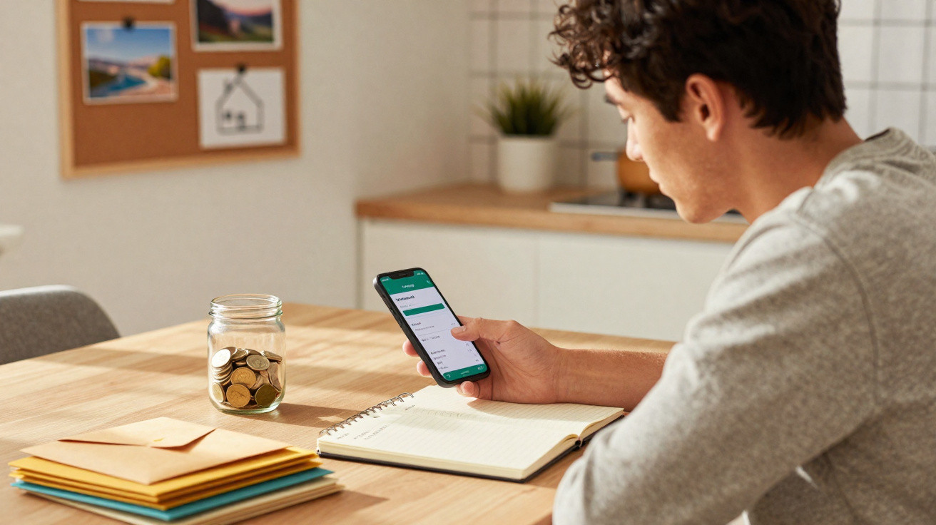 Jovem sentado à mesa checando finanças no celular, com caderno, envelopes e pote com moedas na mesa.