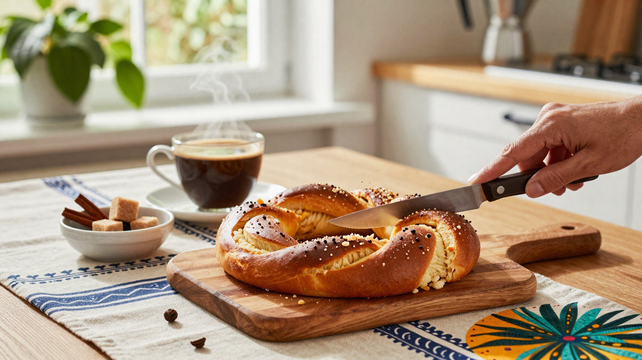 Mão cortando pão doce recheado em tábua com café fumegante e cubos de açúcar na mesa.