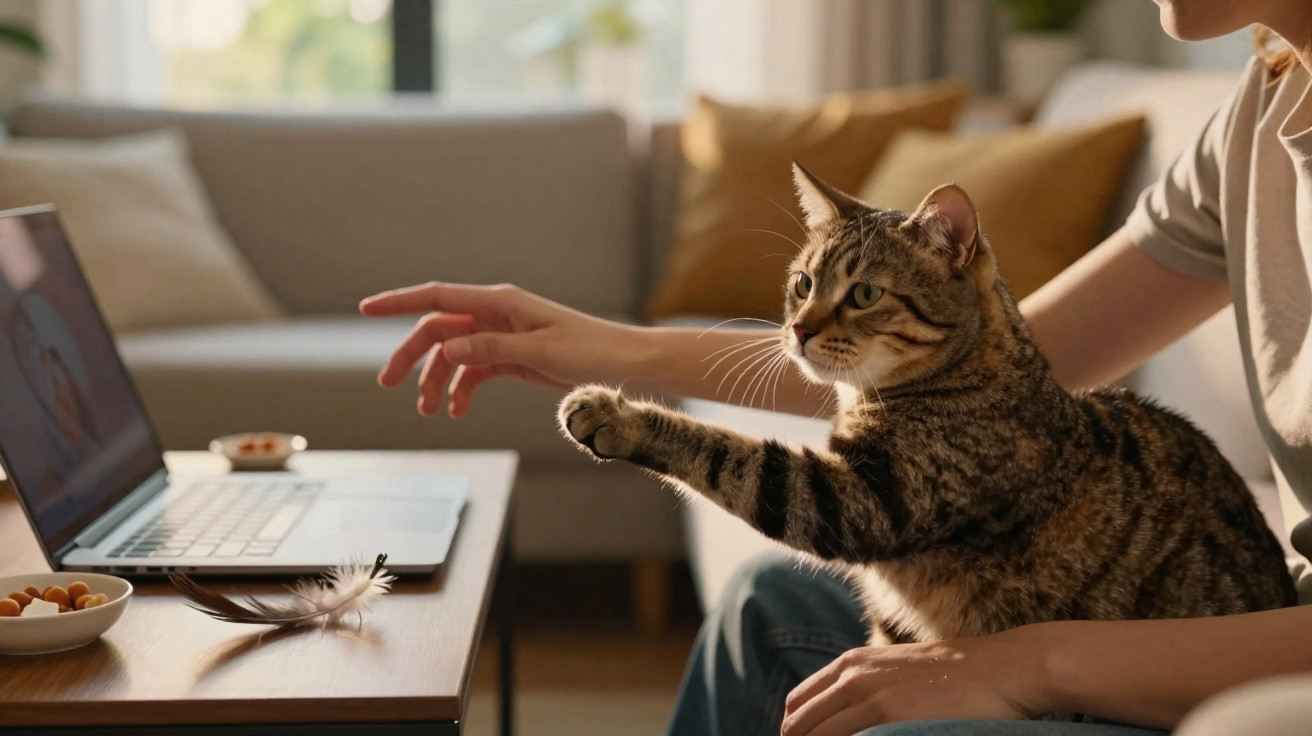 Gato brincando com penas na mesa enquanto pessoa tenta alcançá-lo sentado no sofá.