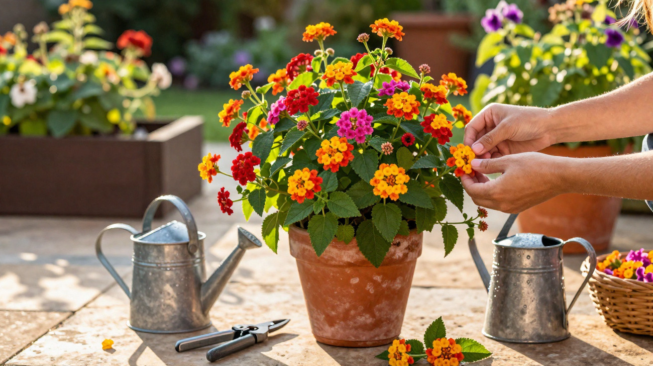 Mãos cuidando de flores coloridas em vaso de cerâmica com regadores e tesoura no fundo.