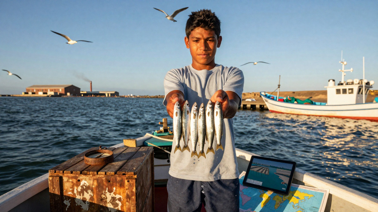 Jovem em barco mostrando cinco peixes com mar, gaivotas e outros barcos ao fundo.
