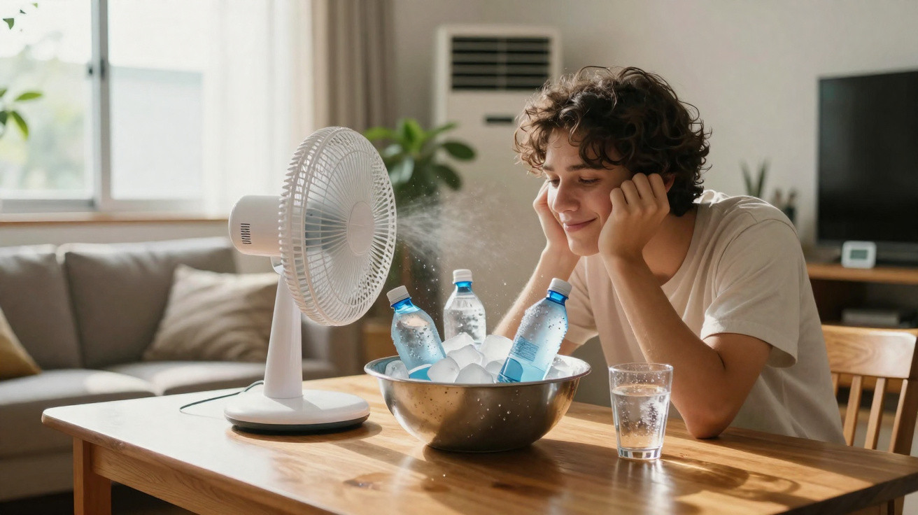 Jovem sentado à mesa com ventilador refrescando garrafas de água e gelo em uma tigela de metal.