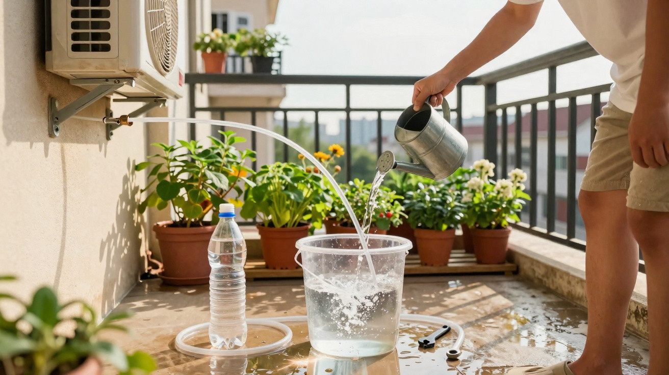 Pessoa regando plantas em vasos na varanda com regador, próximo a mangueira e balde cheio de água.