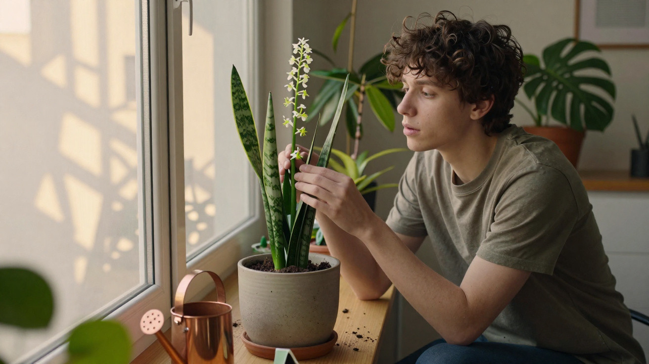 Pessoa cuidando de planta com flores brancas em vaso na janela dentro de casa.