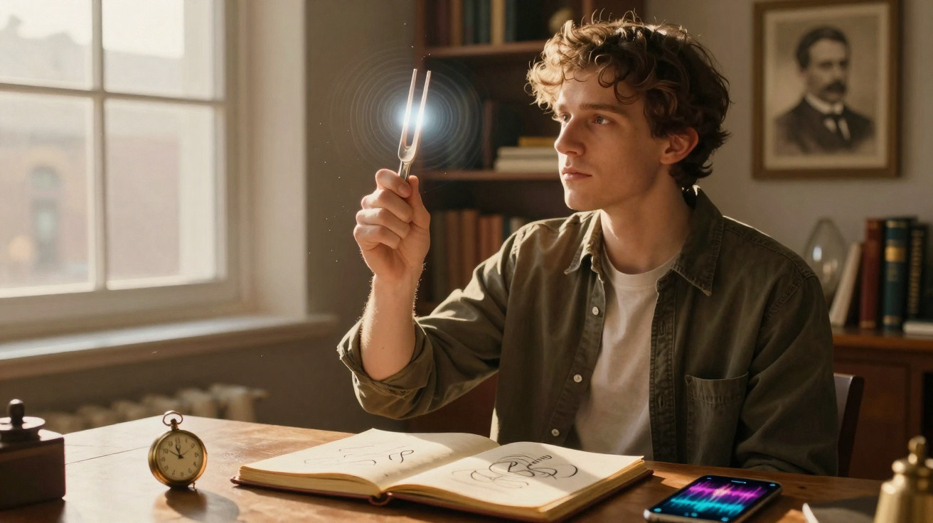 Jovem sentado à mesa em sala iluminada, segurando diapasão que emite luz, com livro e celular à sua frente.