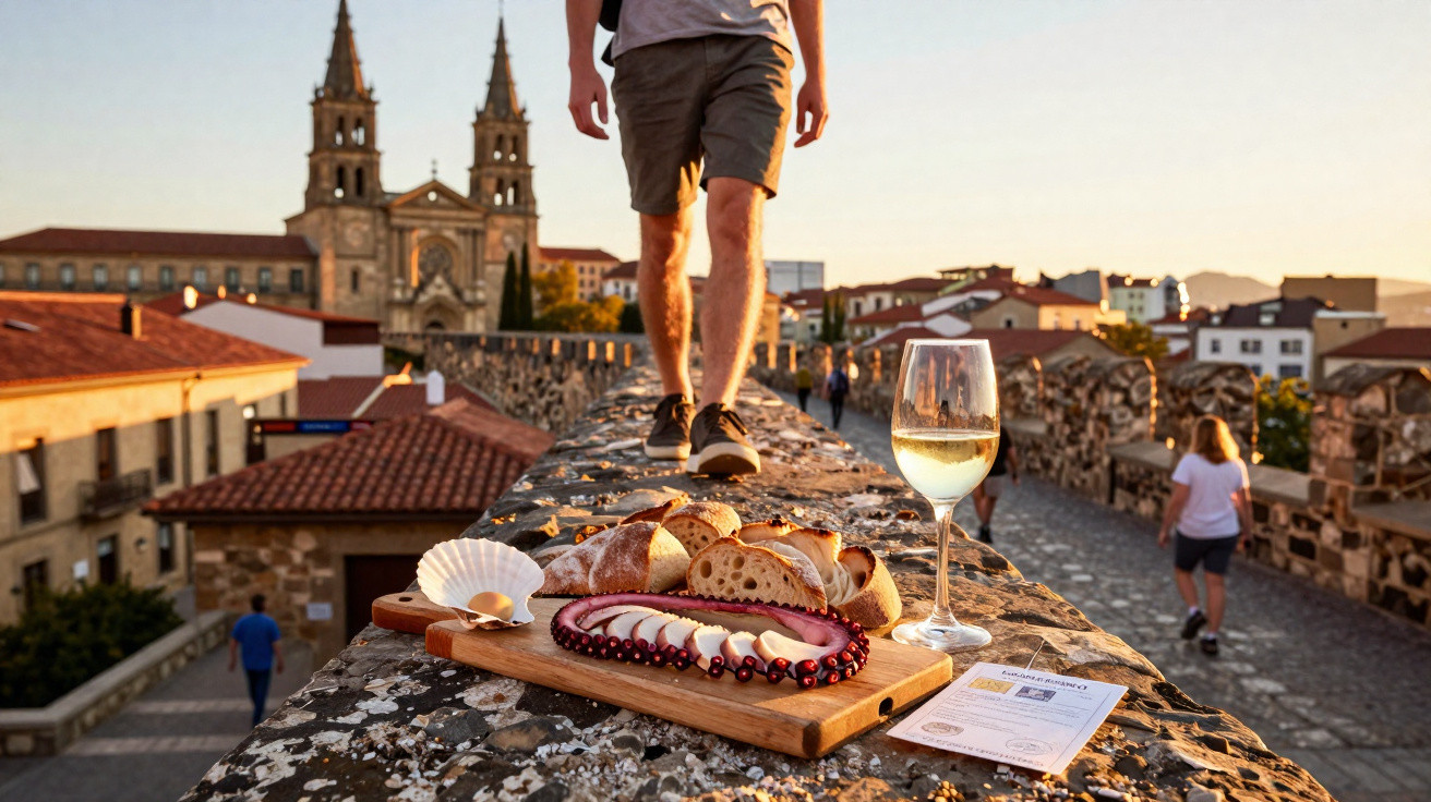 Tábua de pães e polvo com taça de vinho sobre muro histórico com pessoas caminhando ao pôr do sol.