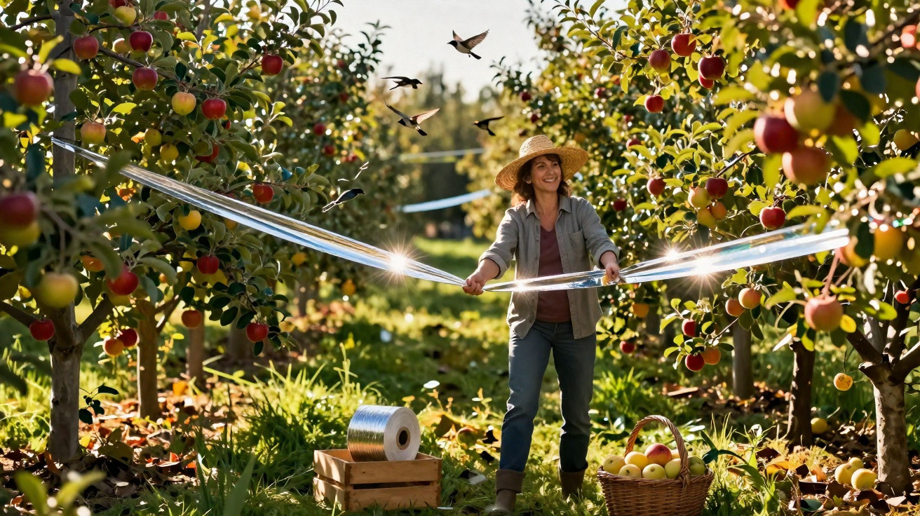 Mulher em pomar de macieiras usando filme refletor para afastar pássaros dos frutos maduros.