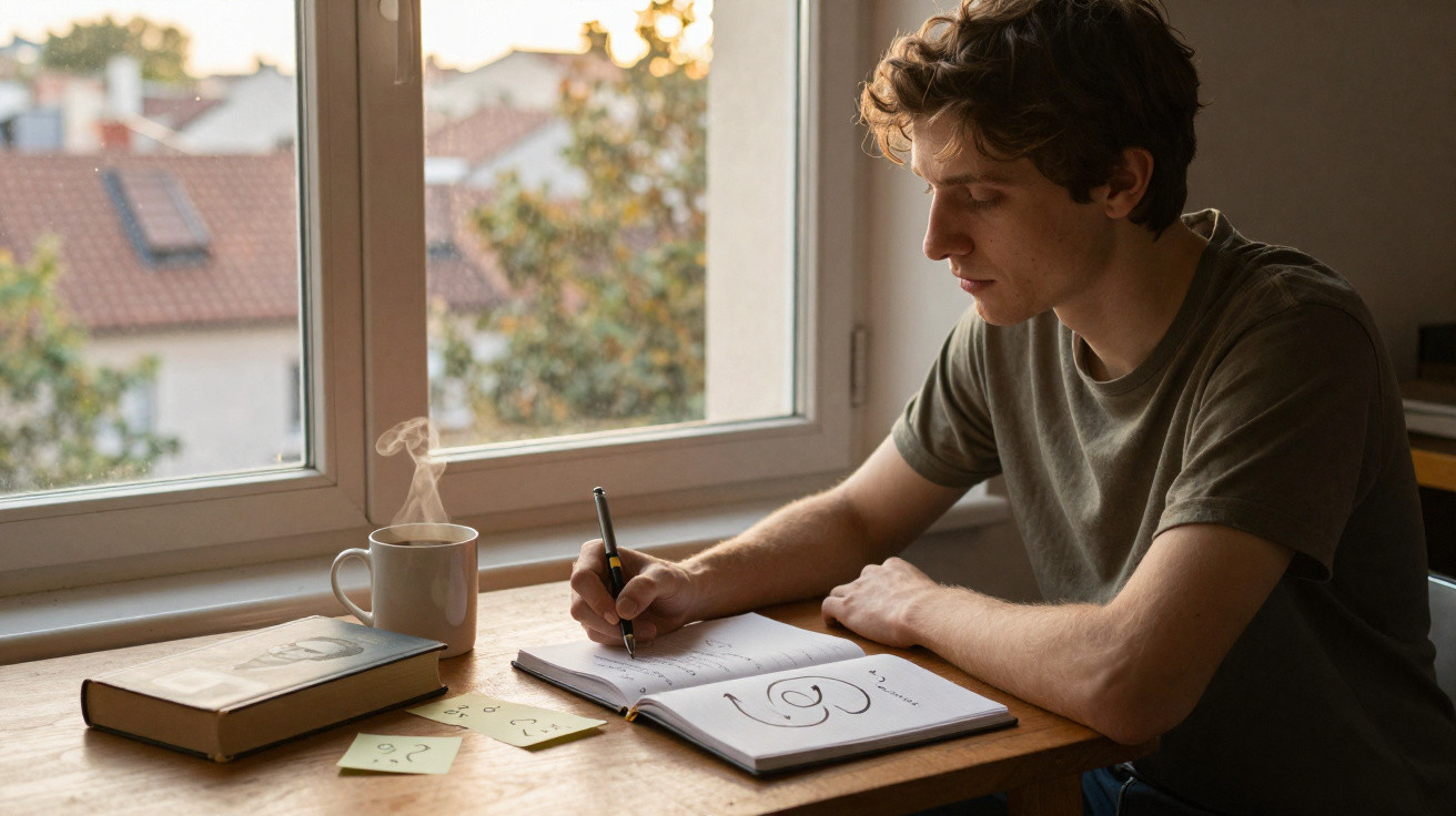 Jovem sentado à mesa escrevendo em caderno próximo a xícara de café e livro, com janela ao fundo.