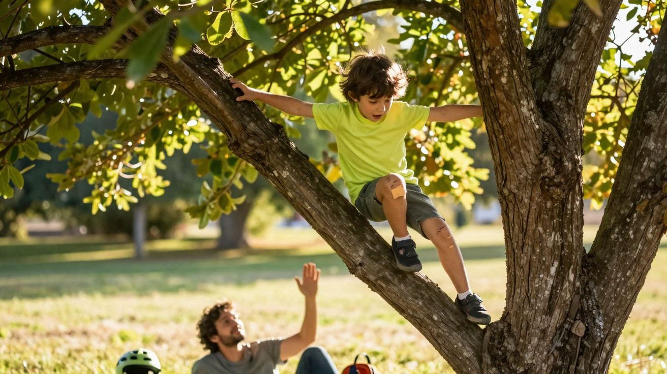 Criança subindo em árvore com adulto observando e levantando a mão em parque ensolarado.