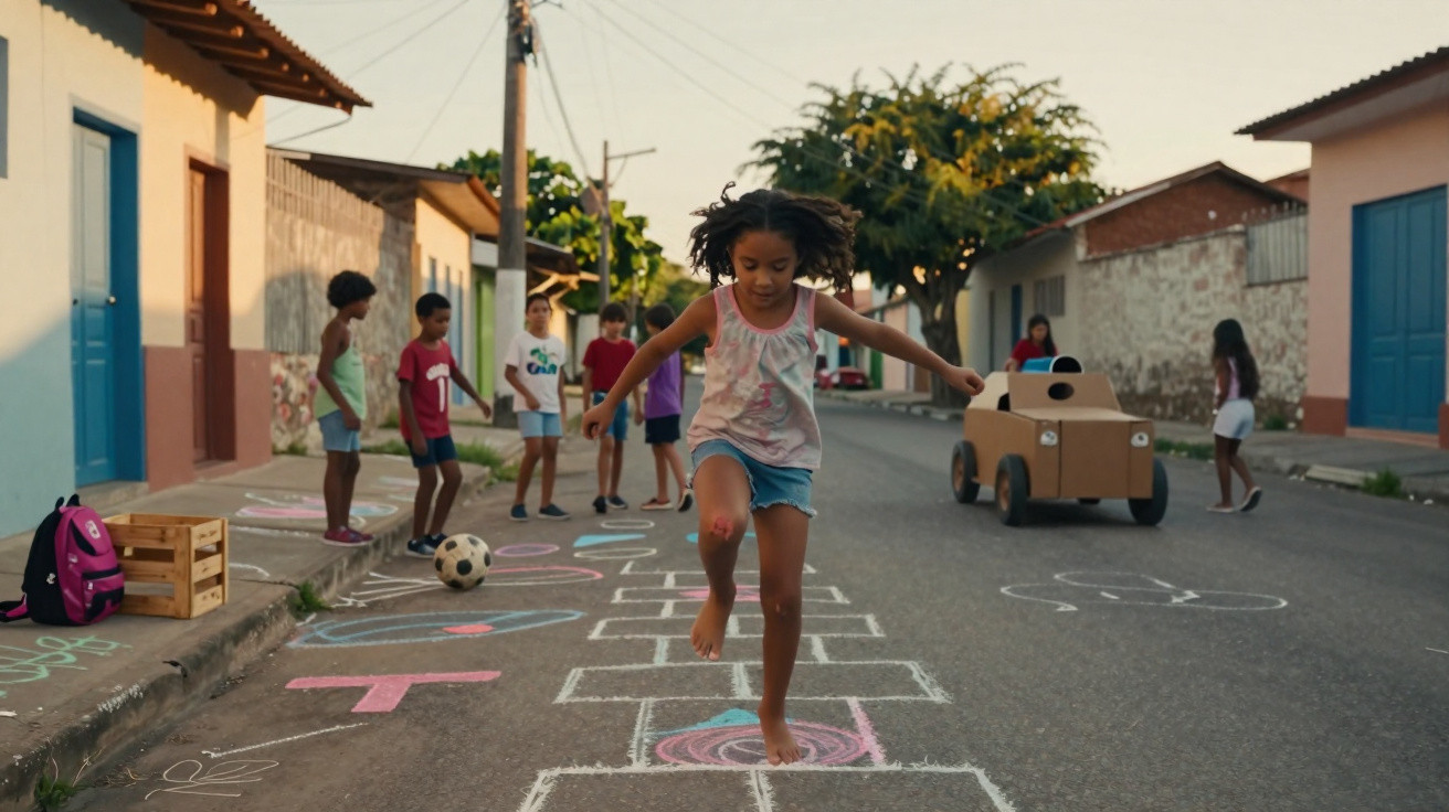 Crianças brincando de amarelinha e com carrinho de papelão na rua de um bairro residencial.