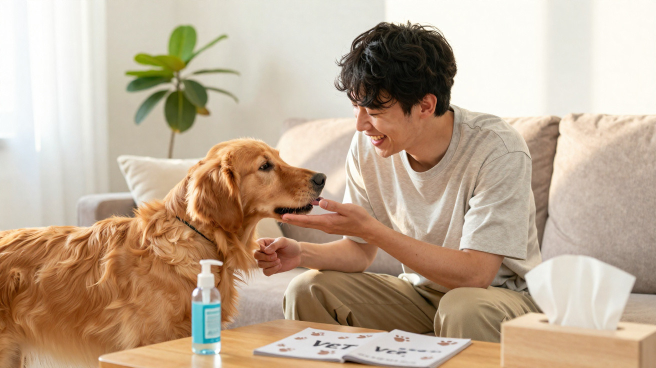 Homem sorridente acariciando cachorro golden retriever em sala de estar iluminada e aconchegante.