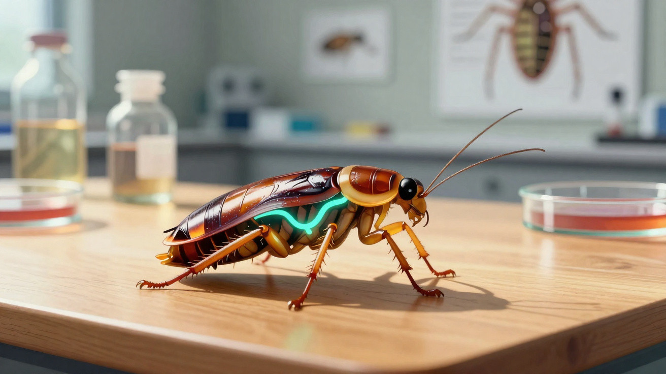 Barata robótica detalhada com partes internas visíveis em mesa de laboratório com vidrarias ao fundo.