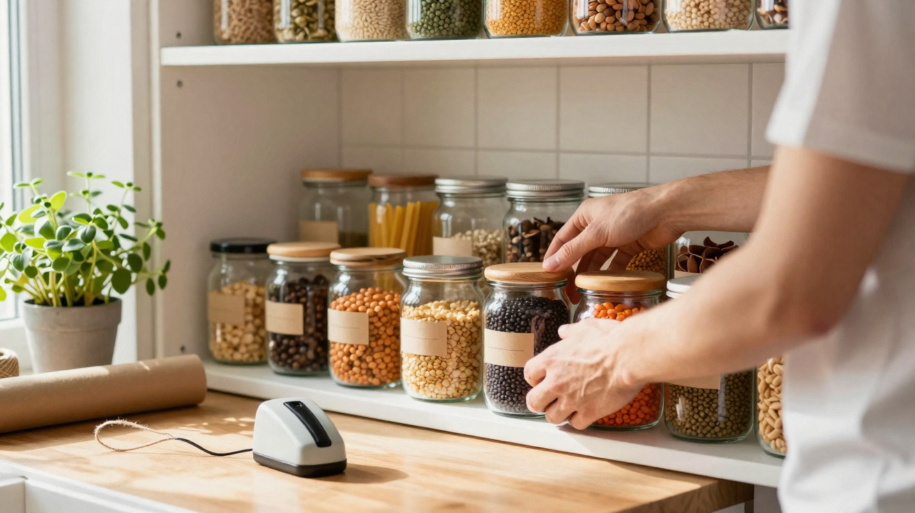 Pessoa organizando potes de vidro com grãos variados em prateleira de cozinha iluminada por luz natural.