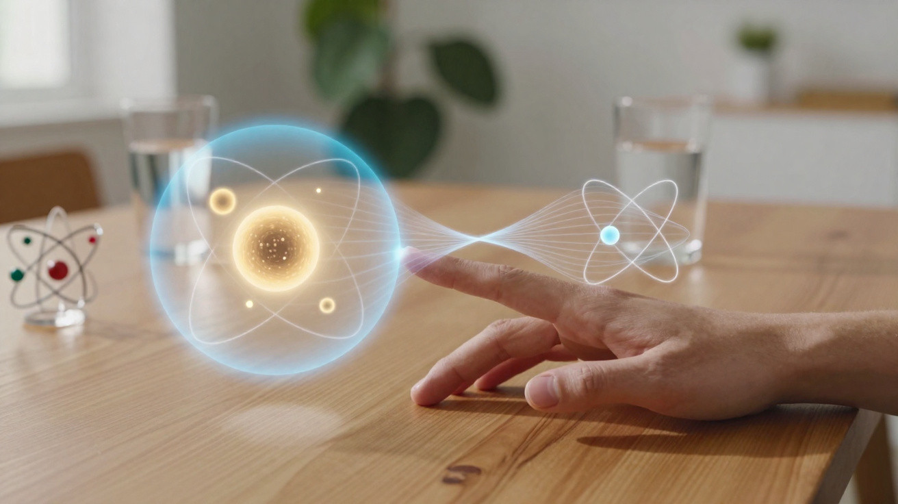 Mão tocando hologramas de átomos com luzes e órbitas em uma mesa de madeira clara.