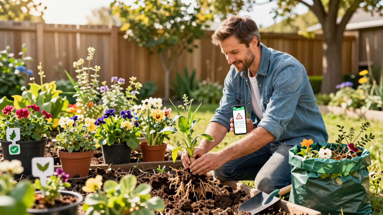 Homem plantando flores no jardim, segurando celular com alerta na tela, cercado por vasos e ferramentas.