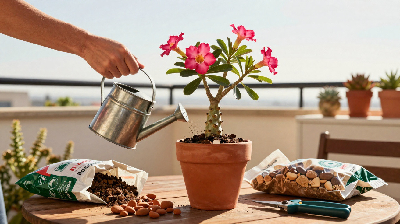 Pessoa regando planta rosa em vaso de barro com regador metálico sobre mesa de madeira ao ar livre.