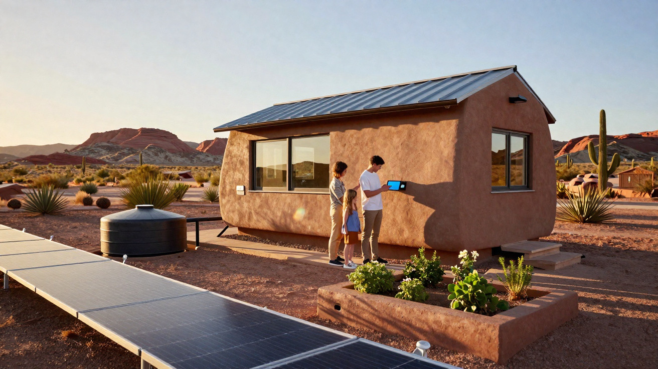 Pequena casa sustentável com painéis solares no deserto e família observando medidor digital na parede.