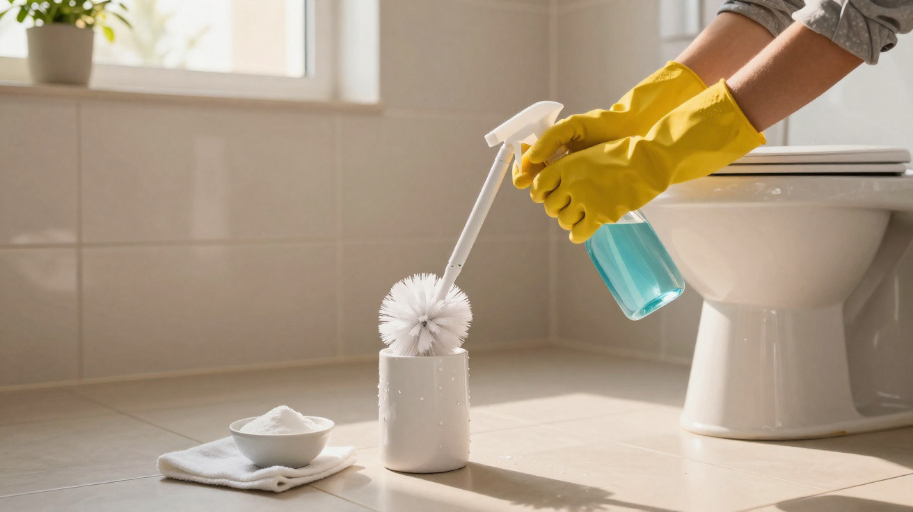 Pessoa com luvas amarelas segurando produto de limpeza azul e escova ao lado de vaso sanitário em banheiro iluminado