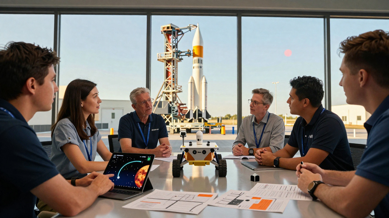 Equipe de engenheiros discutindo projeto de robô lunar com foguete ao fundo em sala de reunião.