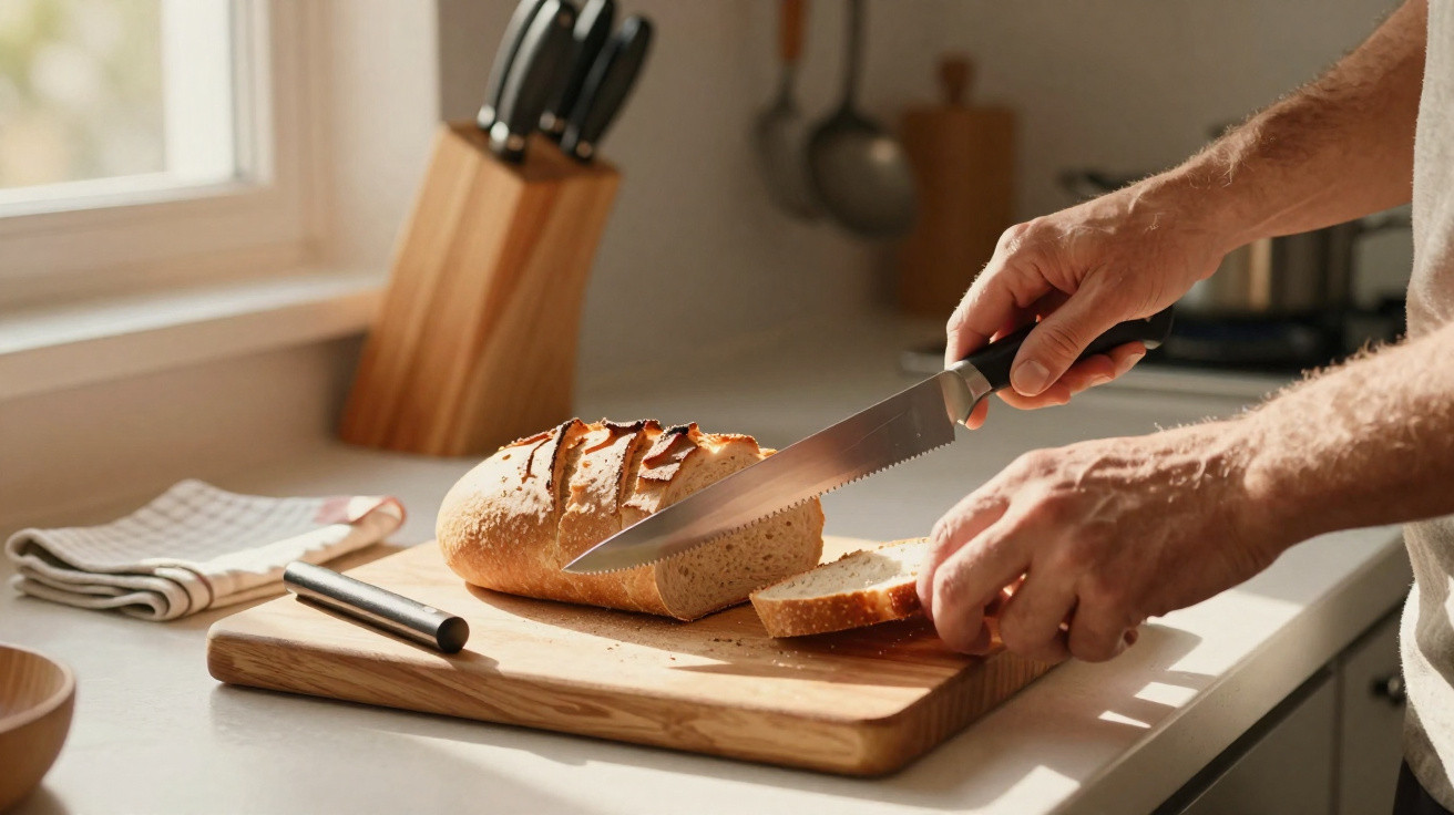 Pessoa cortando pão em fatias sobre tábua de madeira em cozinha com luz natural.