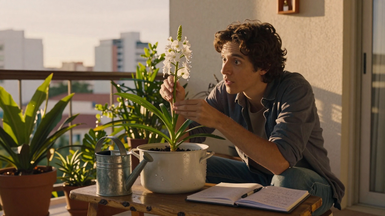 Jovem cuidando de orquídea branca em varanda com caderno aberto e regador ao lado.