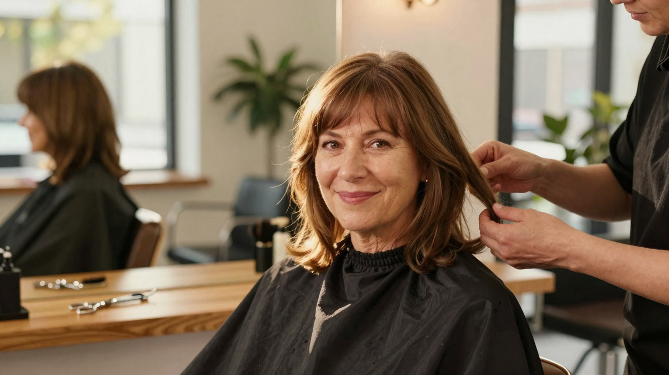 Mulher sorridente sentada em salão de beleza enquanto cabeleireiro arruma seu cabelo castanho.