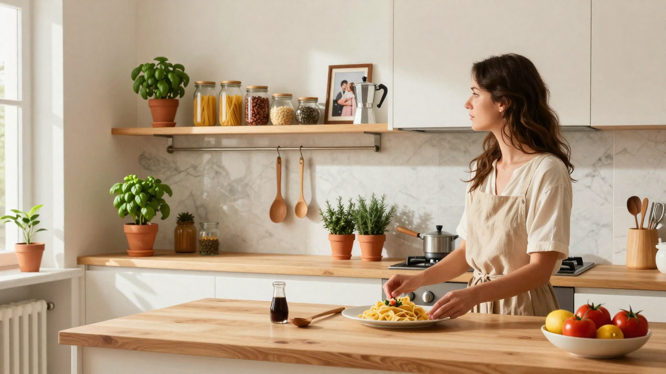 Mulher preparando um prato de massa em cozinha clara e organizada com plantas e potes na bancada.
