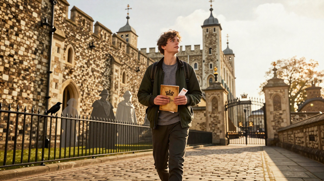 Jovem caminhando com livro e cartão em frente a construções históricas e grades de ferro ao pôr do sol.